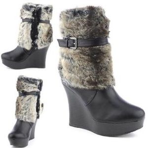 Bamboo Ceaser Faux Leather and Fur Platform Wedges